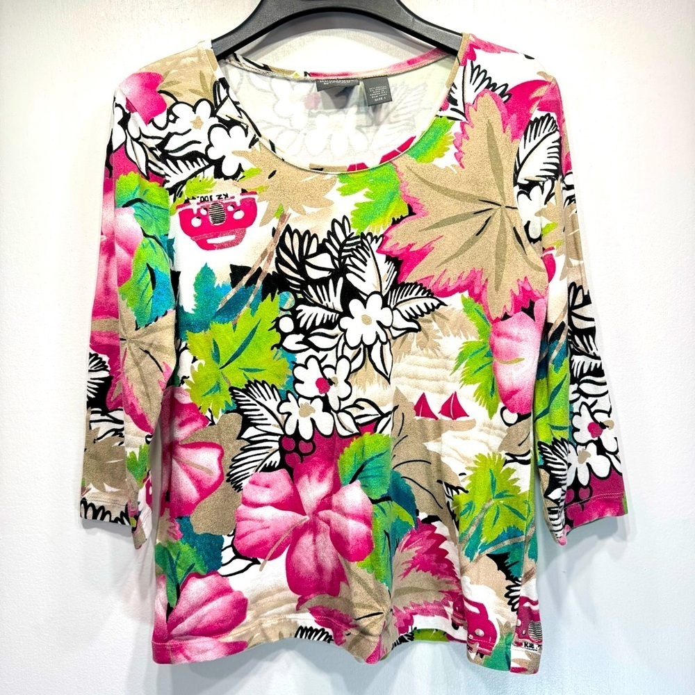 Chicoβs Additions 3/4 Sleeve Top Bright Tropical Print with Pink Cars Size 1/M
